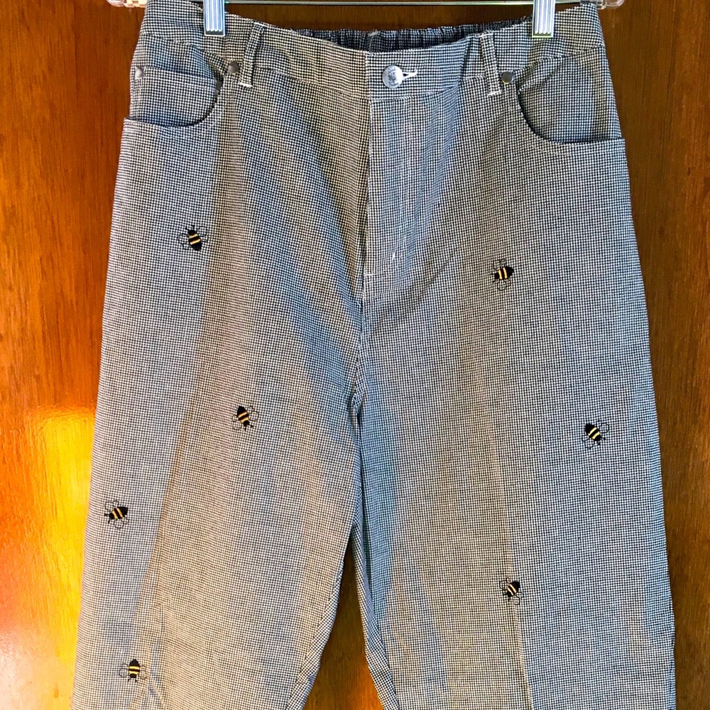 Quacker Factory Black White Houndstooth Embroidered Bumble Bee Pants Large NWOT